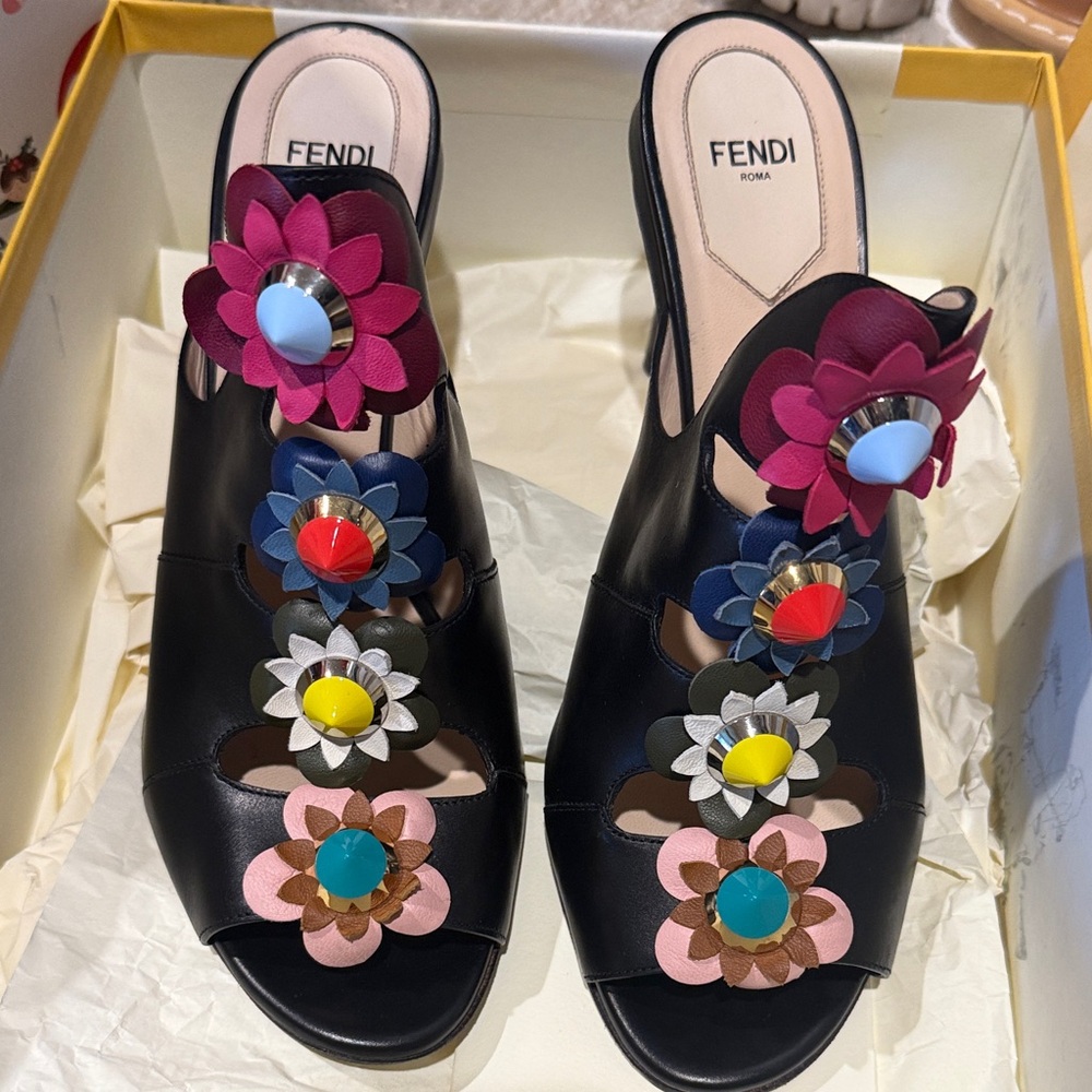 Fendi Black Mules with Colorful Floral Embellishments size 40